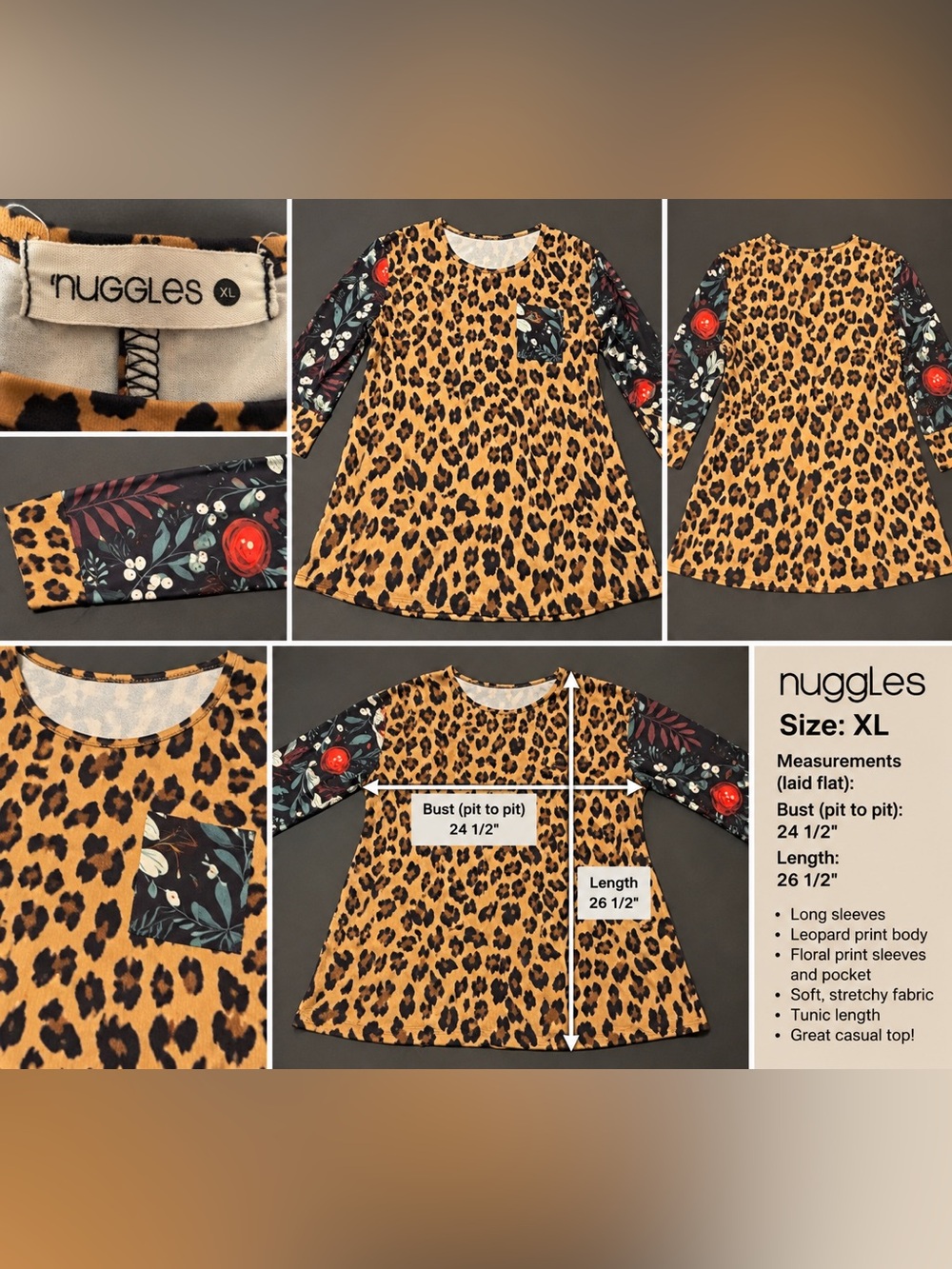 XL Leopard Floral Mixed Print Tunic Top 3/4 length Sleeve